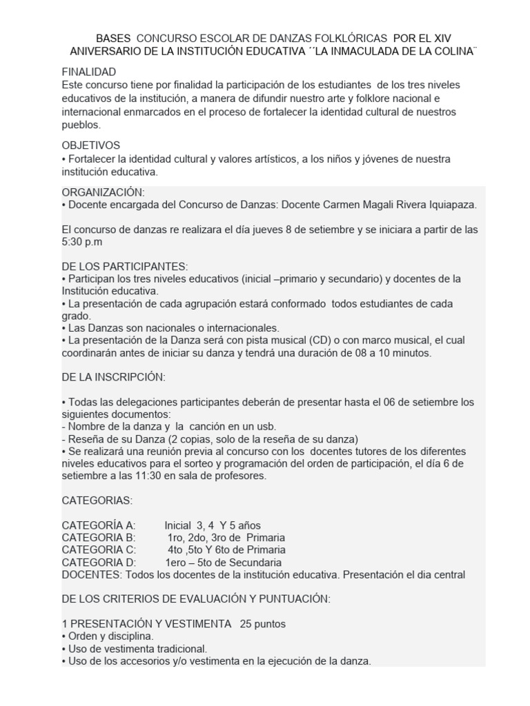 Concurso Escolar de Danzas Folklóricas | PDF | Bailes | Las artes escénicas