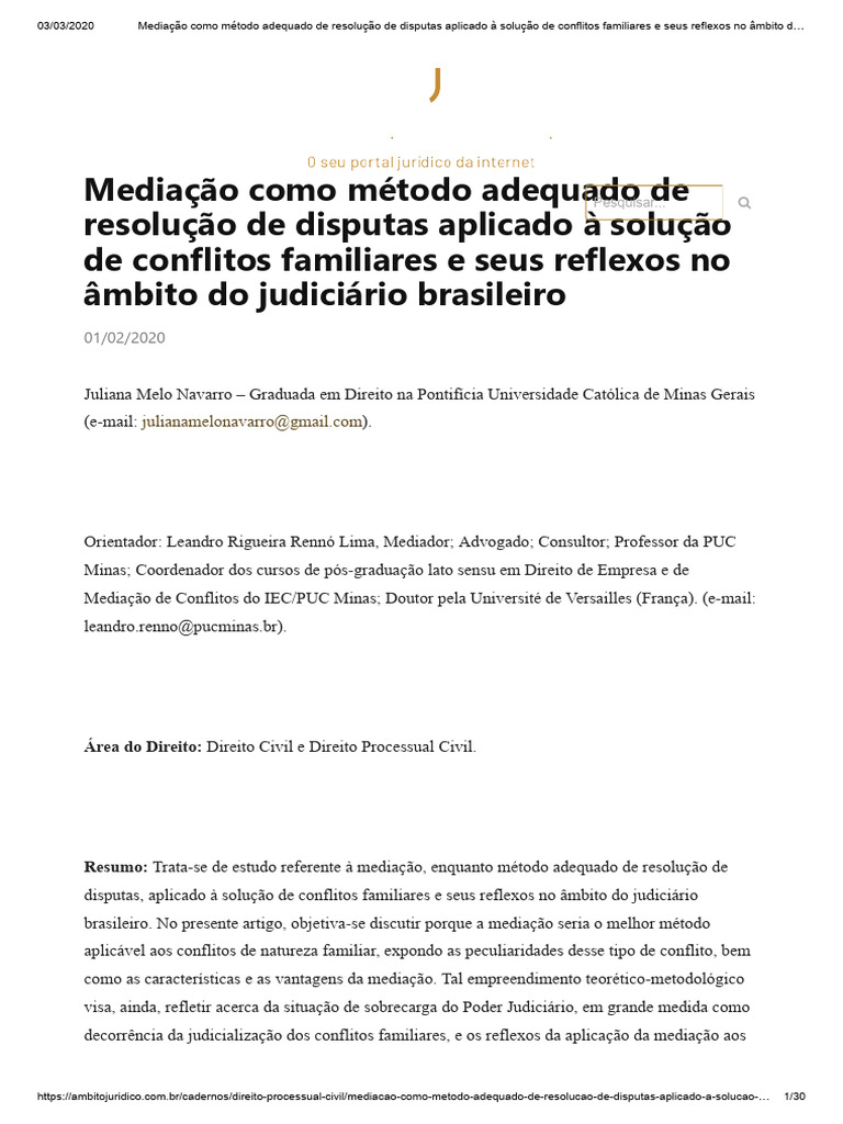 Mediação Como Método Adequado De Resolução De Disputas Aplicado à