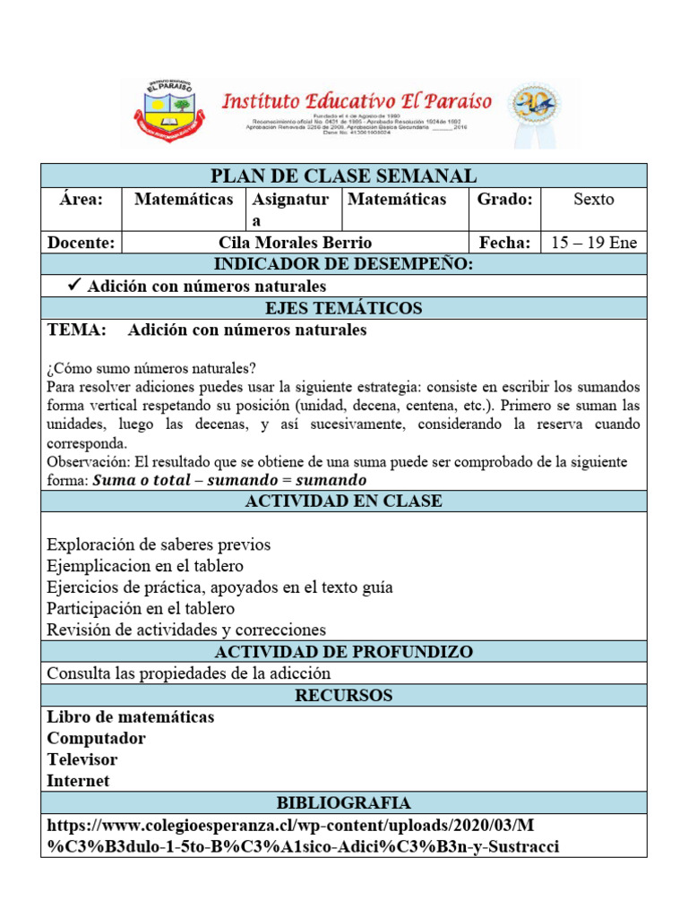 PLAN DE CLASE SEMANAL Sexto | PDF | Matemáticas | Aritmética