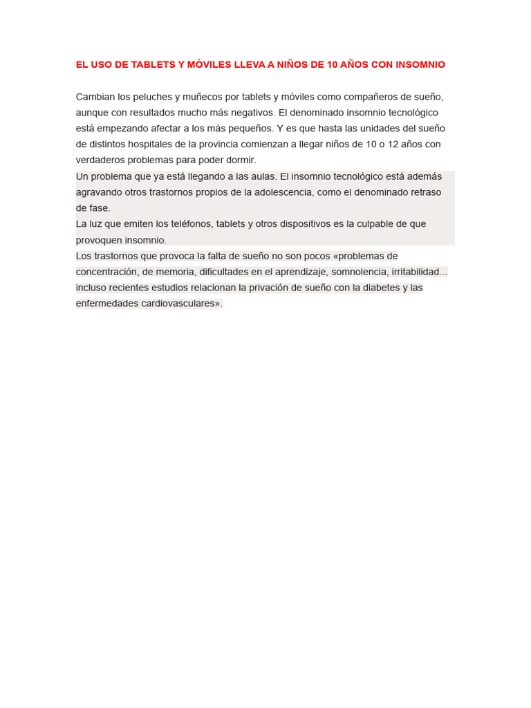 El Uso De Tablets Y Móviles Lleva A Niños De 10 Años Con Insomnio Pdf