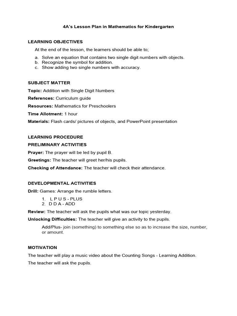 4A's Addition Lesson Plan for Kindergarten | PDF | Teachers | Numbers