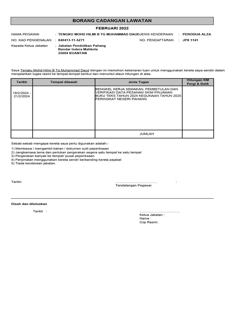 Borang Cadangan Lawatan Pegawai | PDF