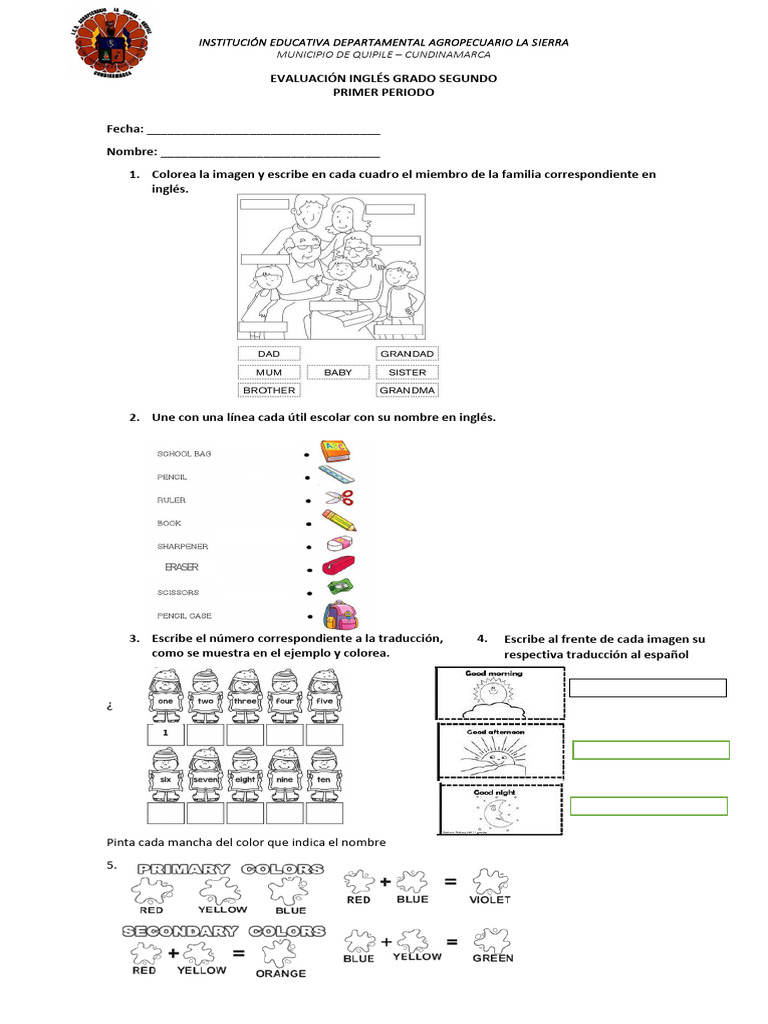Evaluación de Inglés para Segundo Grado | PDF | Artes del Lenguaje y ...