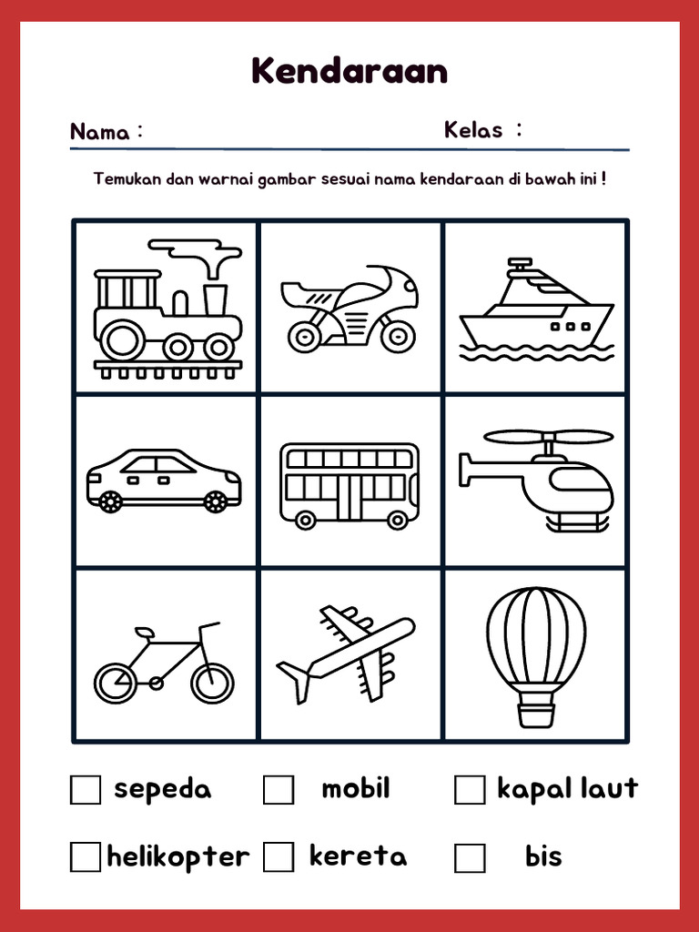Lembar Kerja TK Tema Kendaraan Merah ilustratif | PDF
