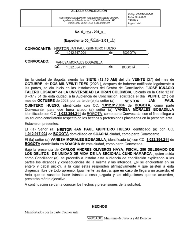 ACTA CONCILIACIÓN LESIONES PERSONALES (1) | PDF | Justicia | Crimen y ...