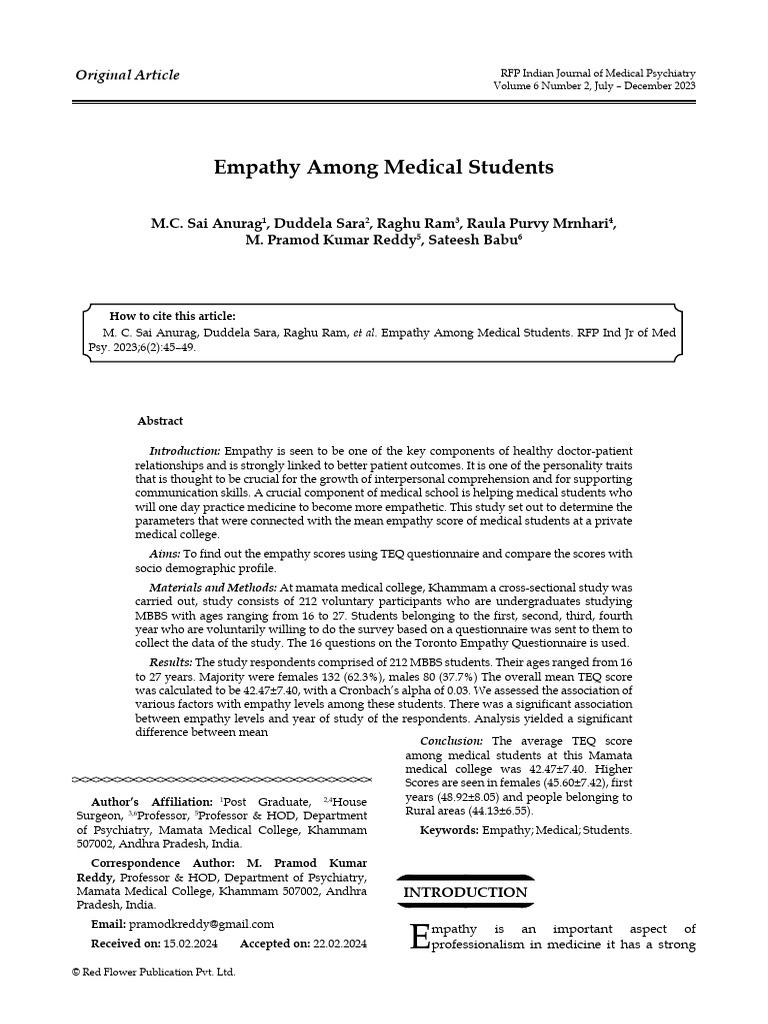 Empathy Scores in Medical Students | PDF | Empathy | Psychology