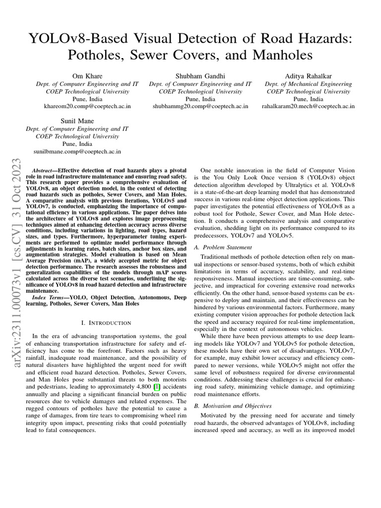 YOLOv8 for Road Hazard Detection | PDF | Deep Learning | Road