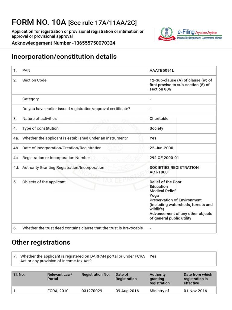 Application for Form 10BA Registration | PDF | Expense | Government ...