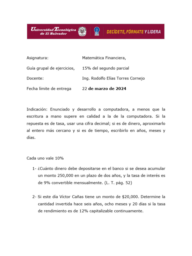 Ejercicios de Matemática Financiera | PDF | Tasas de interés | Comercio