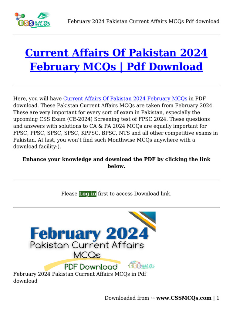 February 2024 Pakistan Current Affairs MCQs | PDF | Multiple Choice ...