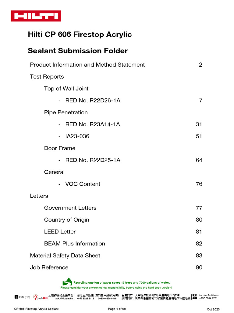 Hilti CP 606 Firestop Acrylic Sealant Submission Folder PDF