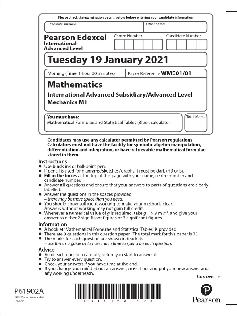 Mechanics M1 Exam Paper - Jan 2021 | PDF | Mathematics | Force