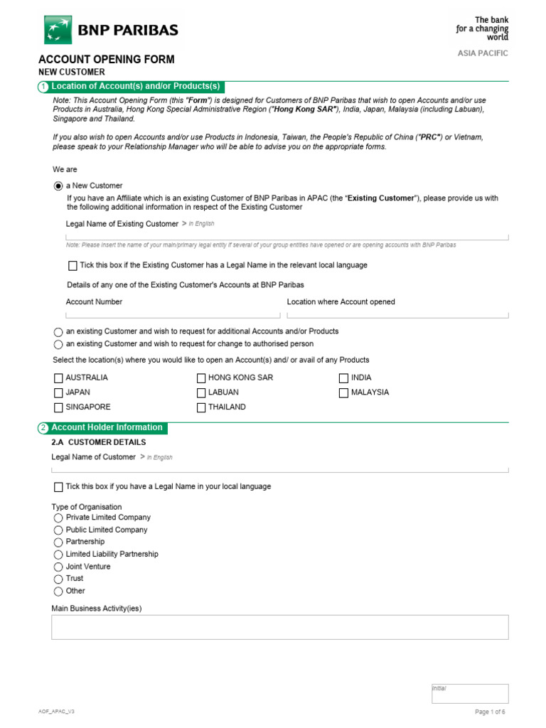 BNP Paribas Account Opening Form APAC | PDF | Special Administrative ...