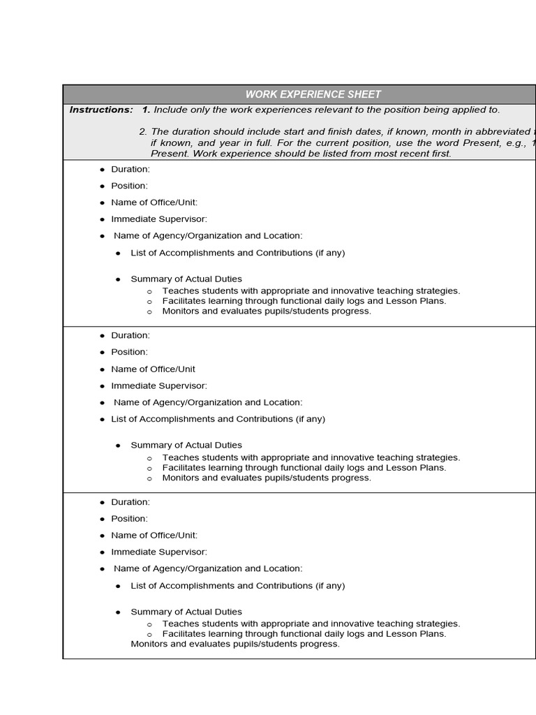 Workheet experience pdf lesson plan learning