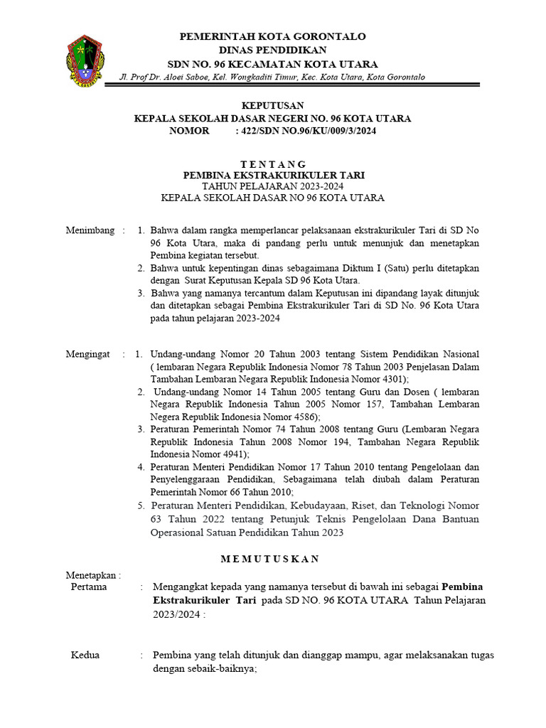 Sk pembina ekstrakurikuler tari sd tahun 2023 pdf