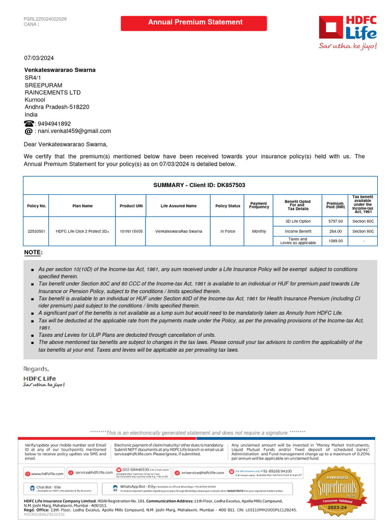 Annual Premium Statements PDF Tax Insurance