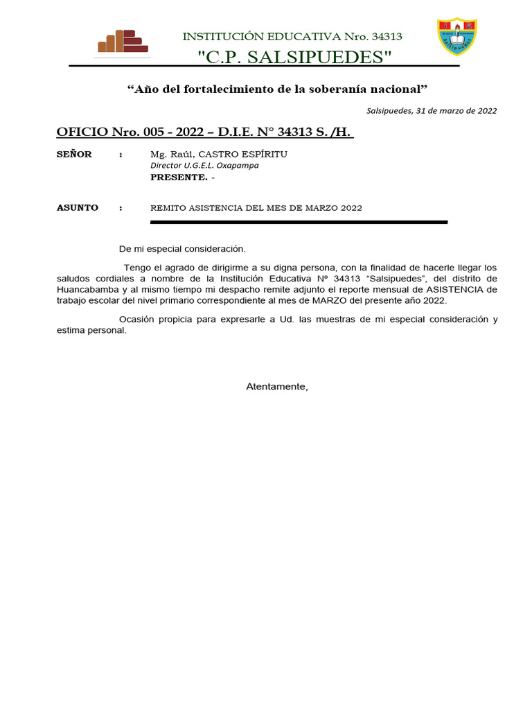 Informe de Asistencia Marzo 2022 I.E. 34313 | PDF