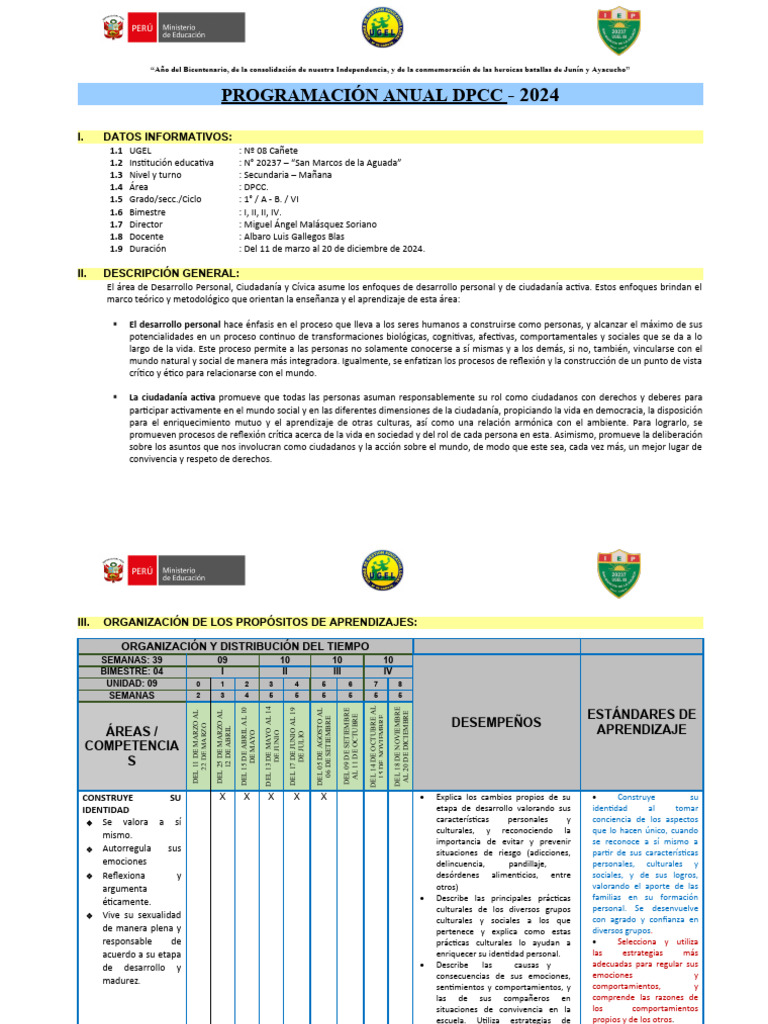 Programación Anual DPCC 2024 Cañete | PDF | Aprendizaje | Las emociones