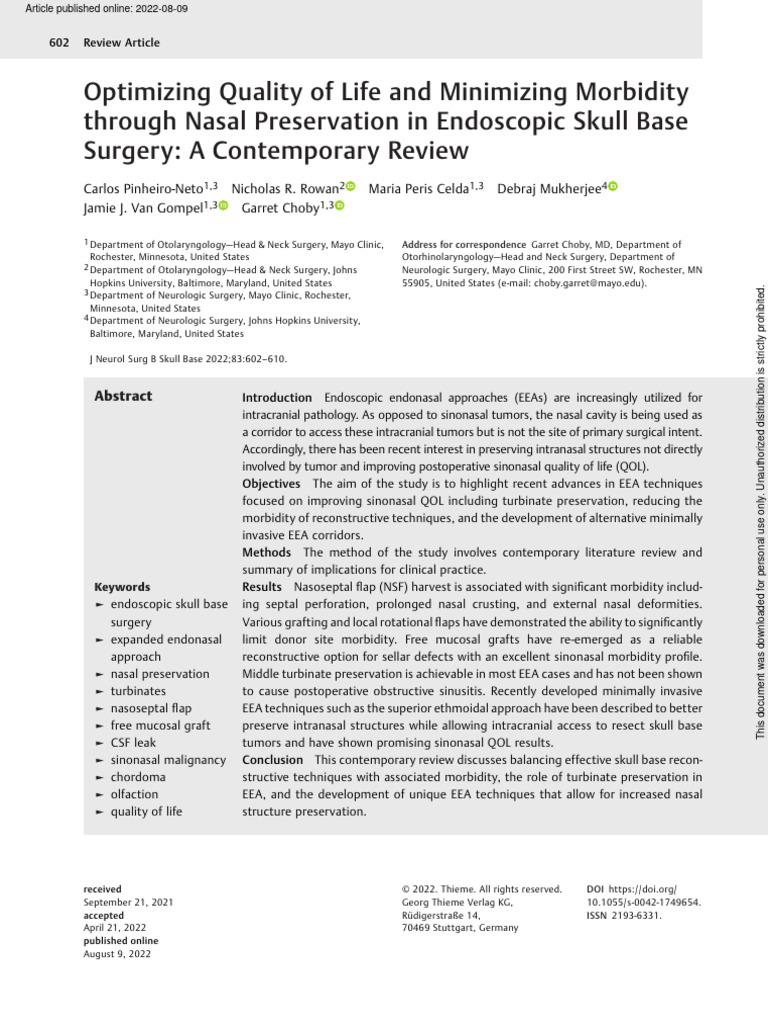 Optimizing Quality of Life and Minimizing Morbidity Through Nasal ...