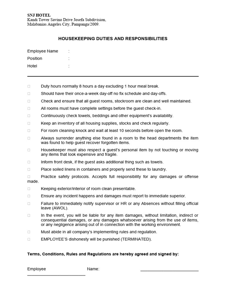 Housekeeping Duties and Responsibilities PDF