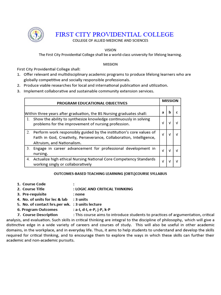 Logic and Critical Thinking Syllabus | PDF | Critical Thinking | Learning