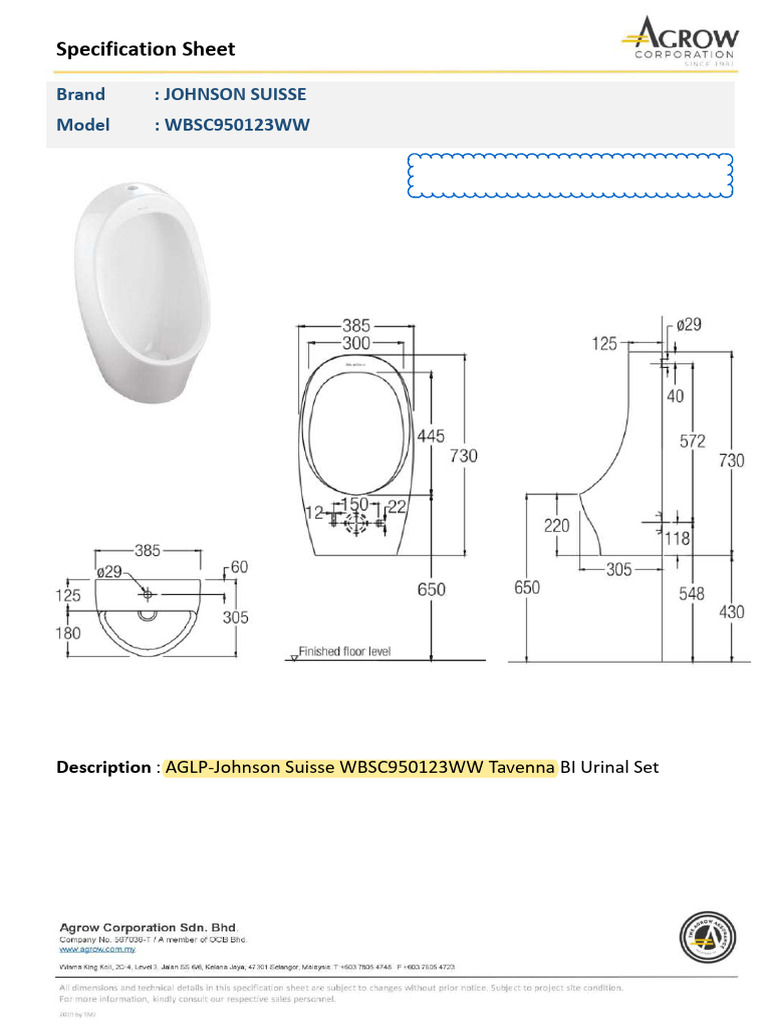Johnson Suisse WBSC950123WW Urinal Set | PDF | Technology & Engineering
