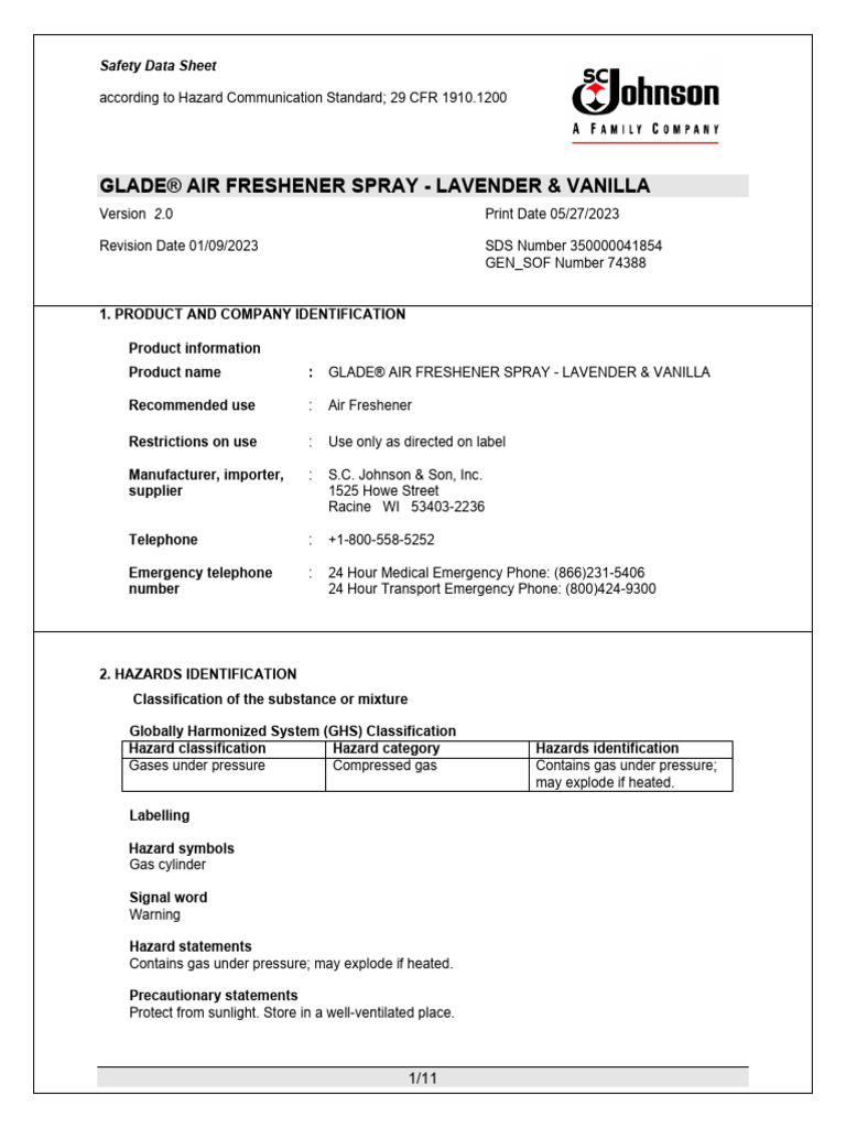 Glade Air Freshener Spray Lavender & Vanilla PDF Toxicity Chemistry
