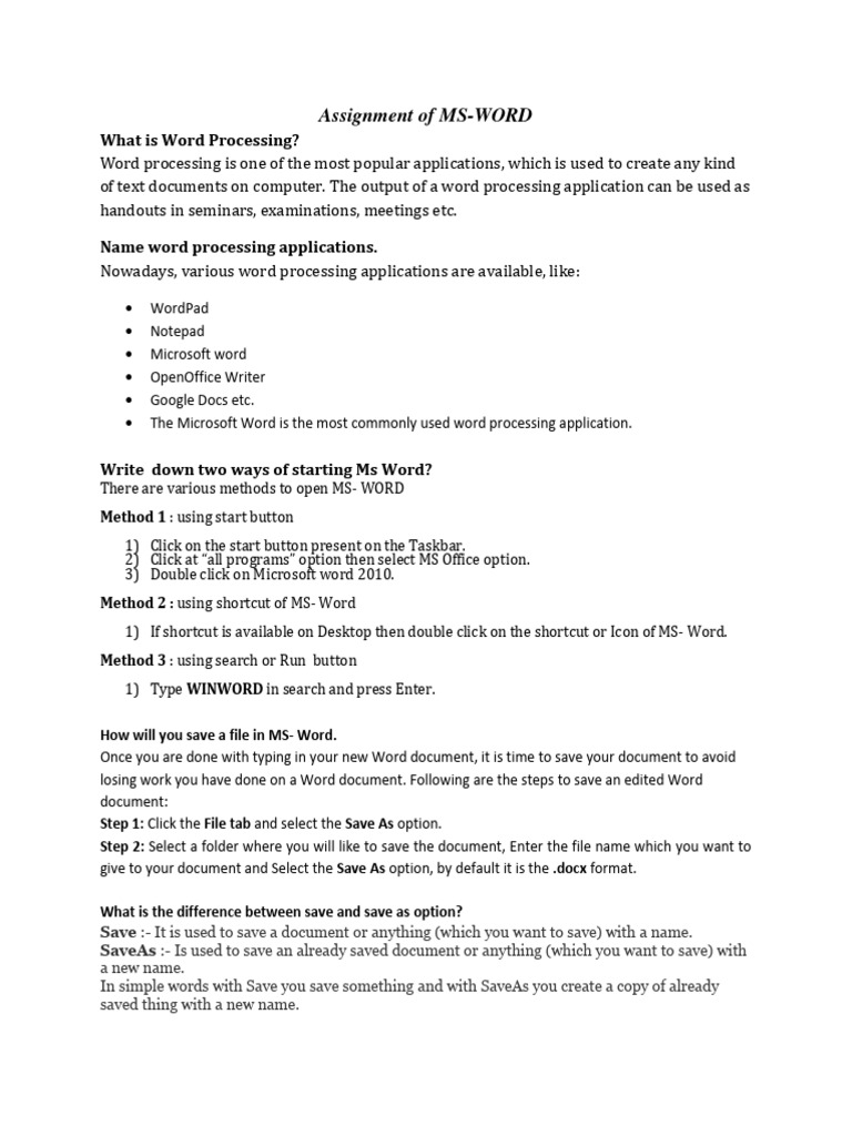 MS Word Processing Assignment Guide | PDF | Microsoft Word | Software