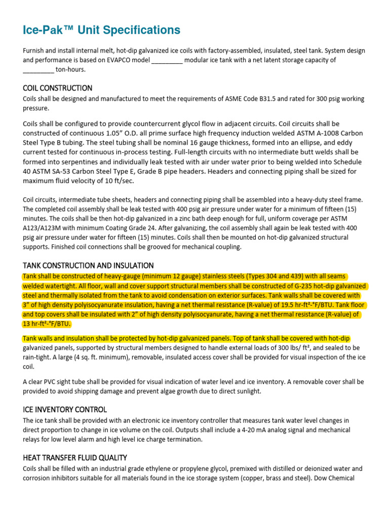 Ice-Pak Thermal Ice Storage Specification Sheet | PDF | Pipe (Fluid ...