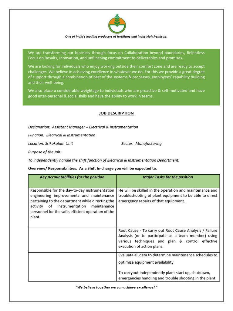 Assistant Manager - Electrical Role | PDF | Instrumentation | Engineering