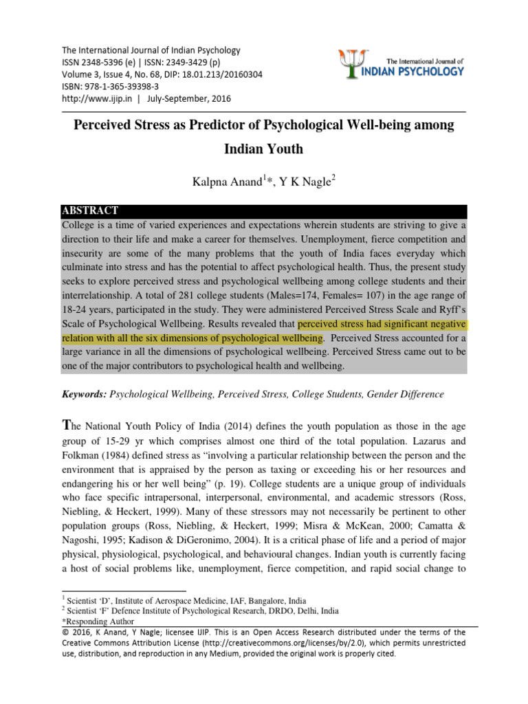 Perceived Stress and Well-being in Indian Youth | PDF | Well Being ...