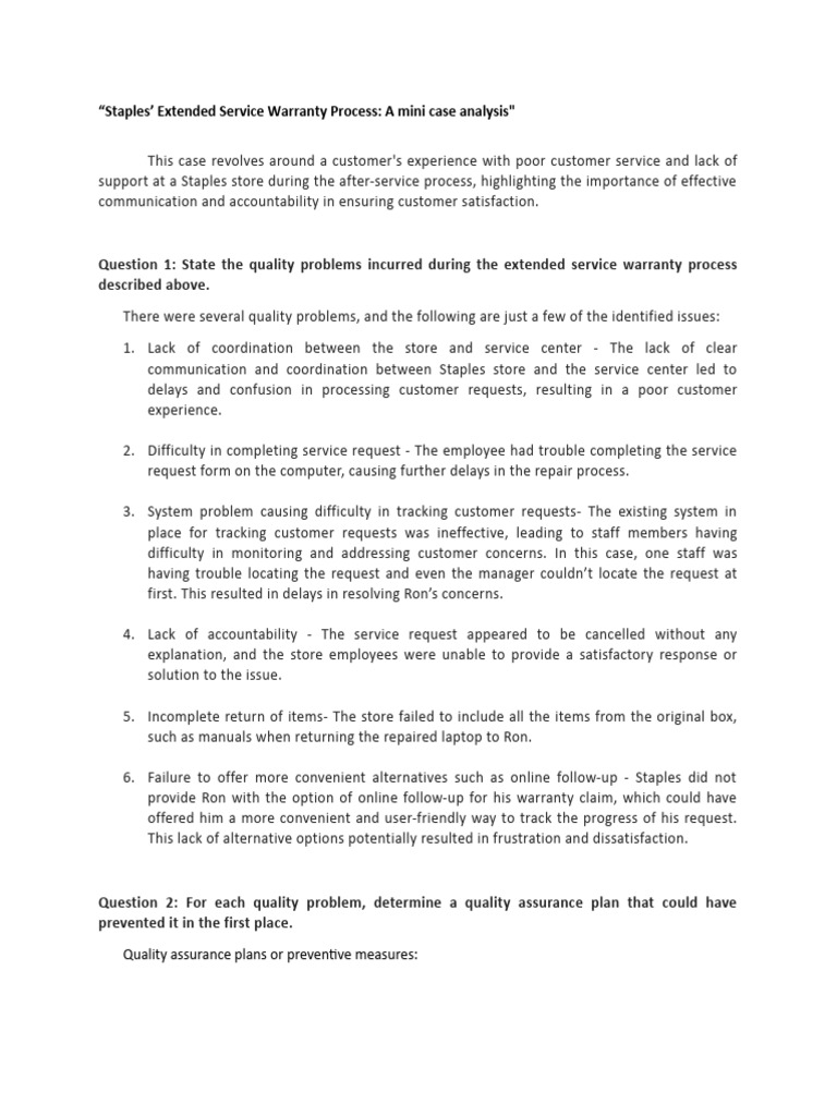 Mini Case 2 Staples Pdf Customer Satisfaction Quality Assurance