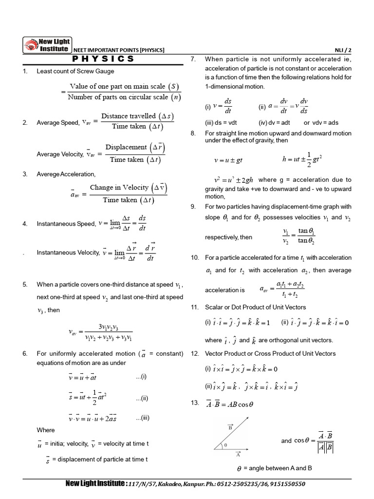 Complete Physics Formulas & Important Points-NEET QUICK | Download Free ...