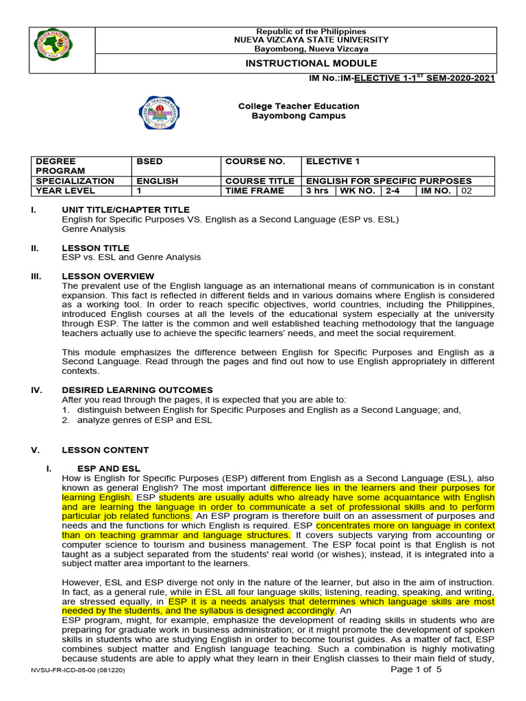 Module 2 Esp | Download Free PDF | English As A Second Or Foreign ...