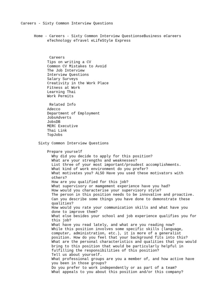 Careers - Sixty Common Interview Questions | PDF | Job Interview ...