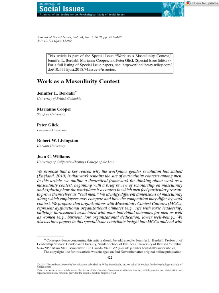 Journal of Social Issues - 2018 - Berdahl - Work As A Masculinity ...