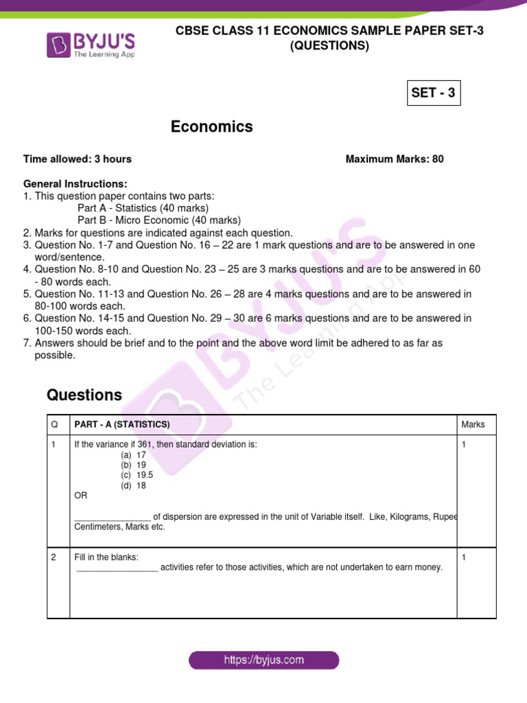 CBSE Class 11 Economics Sample Paper 3 | PDF | Demand | Utility