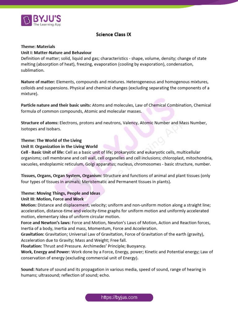 CBSE Class 9 Biology Syllabus Overview | PDF | Cell (Biology) | Force