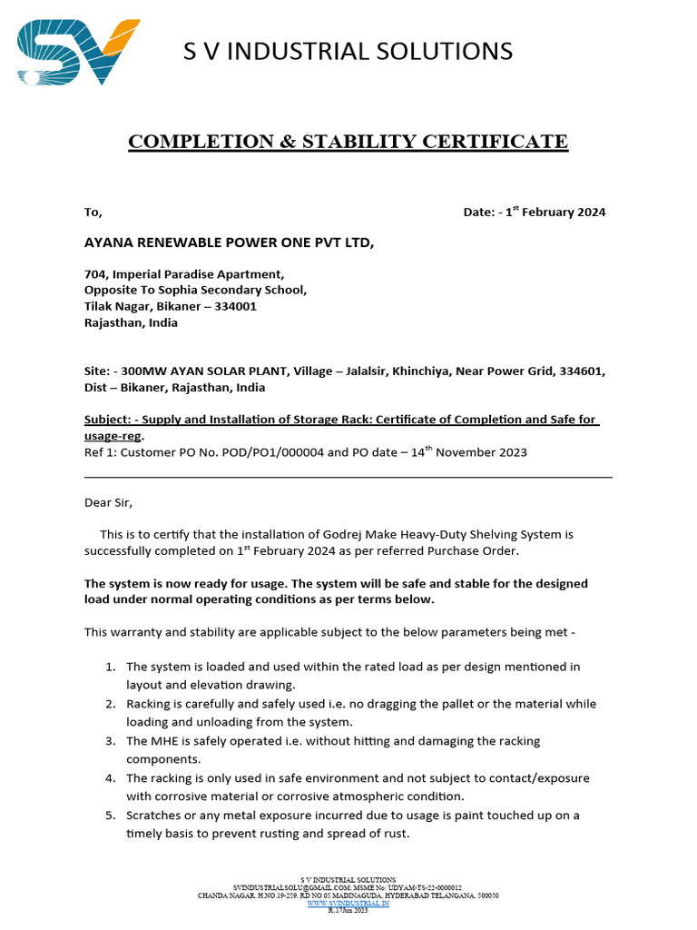 Rack Stability Certificate for Godrej System | PDF