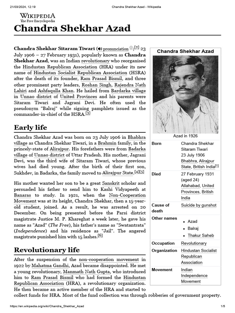 Chandra Shekhar Azad: A Revolutionary Life | PDF | Indian Independence ...