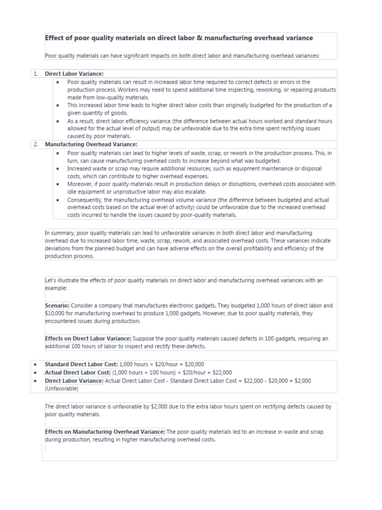 2.effect of Poor Quality Materials On Direct Labor | PDF | Cost ...