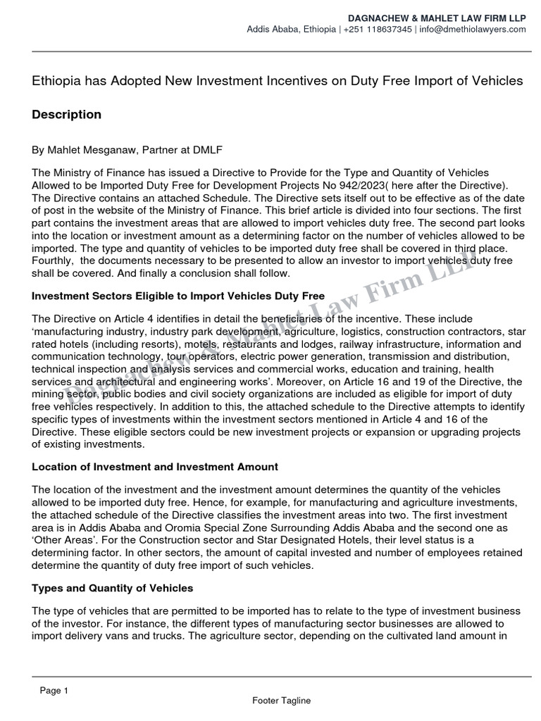 Ethiopia Has Adopted New Investment Incentives On Duty Free Import of