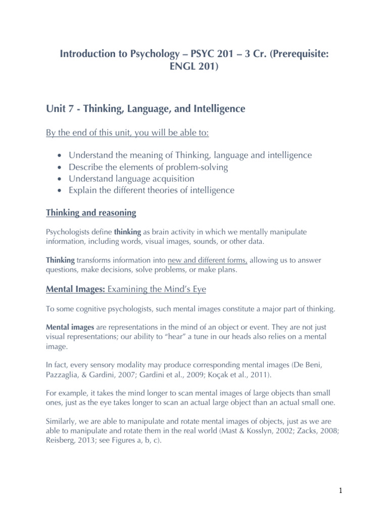 Unit 7Thinking, Language and Intelligence PDF Mental Image