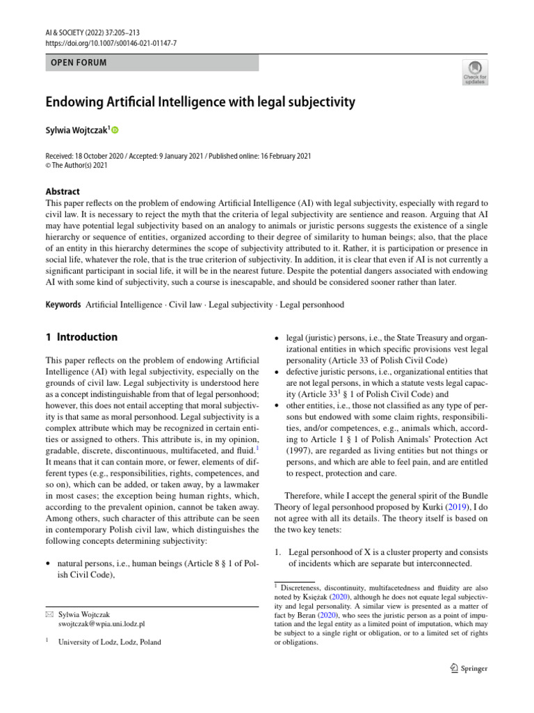 Legal Subjectivity for Artificial Intelligence | PDF | Reason ...