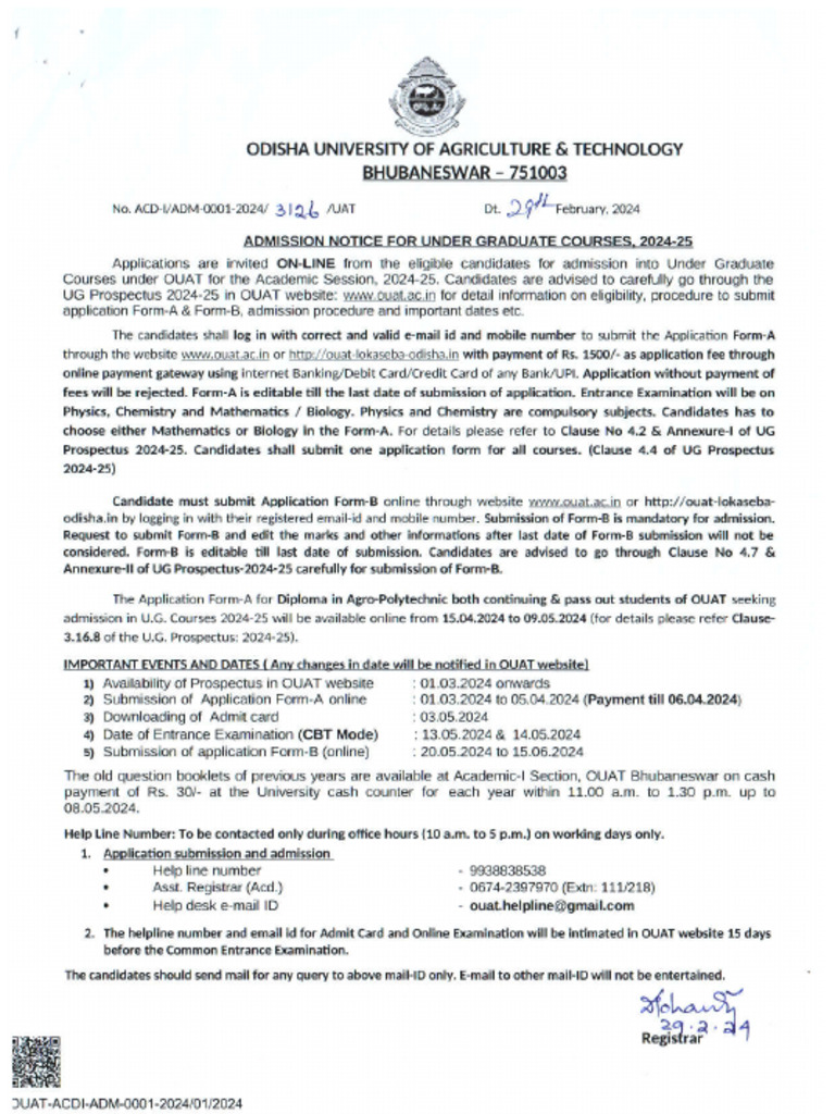 Under Graduate Admission Notice 2024 25 | PDF