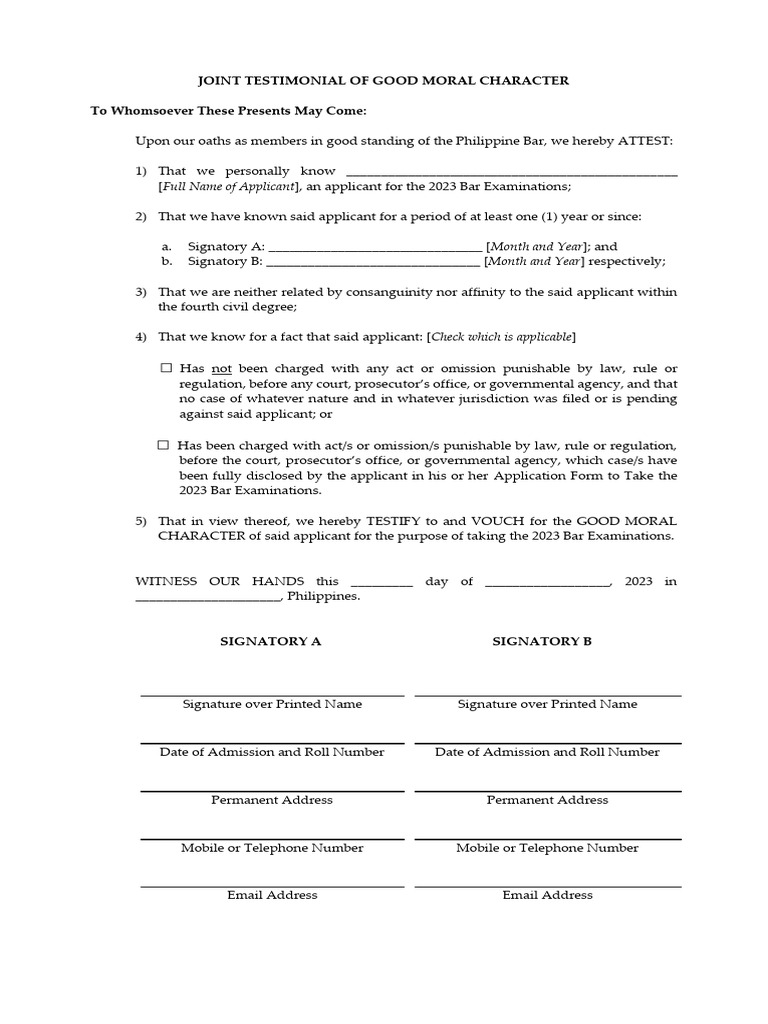 Joint testimonial of good moral character pdf