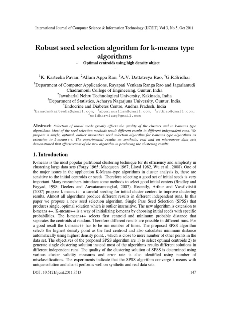 Robust Seed Selection Algorithm For K-Means Type Algorithms | PDF ...