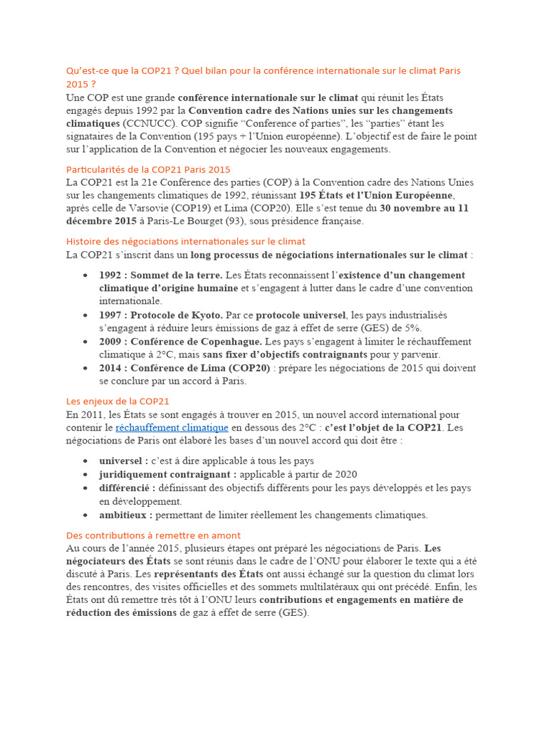 Bilan de la COP21 : Accord de Paris 2015 | PDF | Convention-cadre des ...