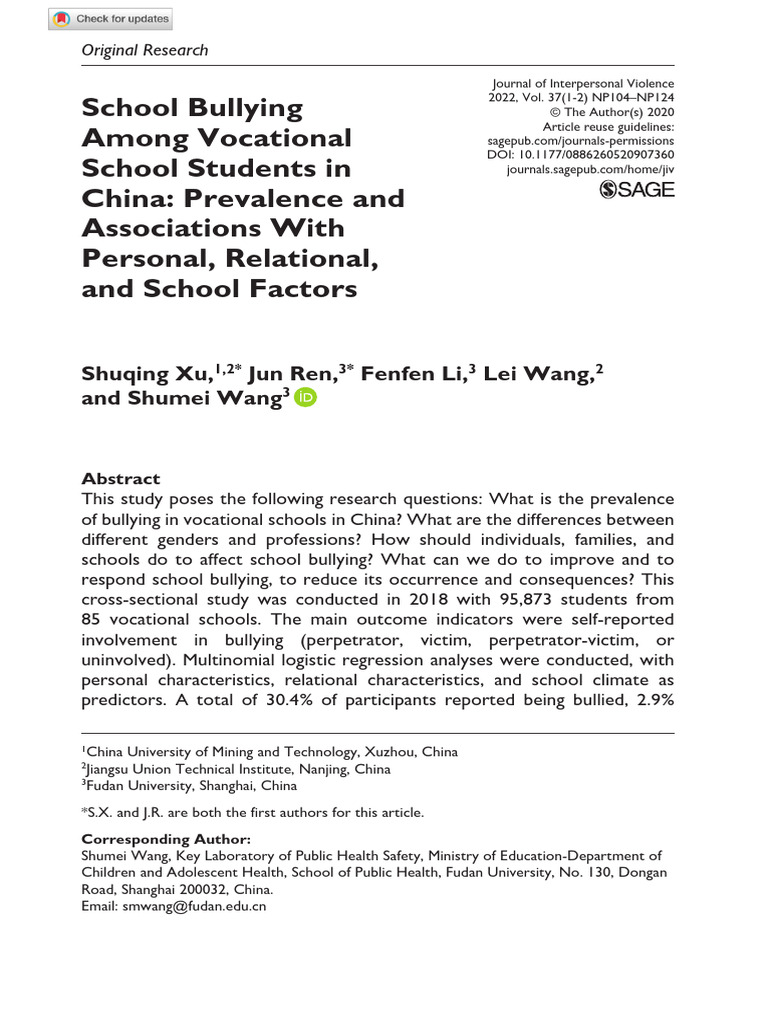 Xu Et Al 2020 School Bullying Among Vocational School Students in China ...