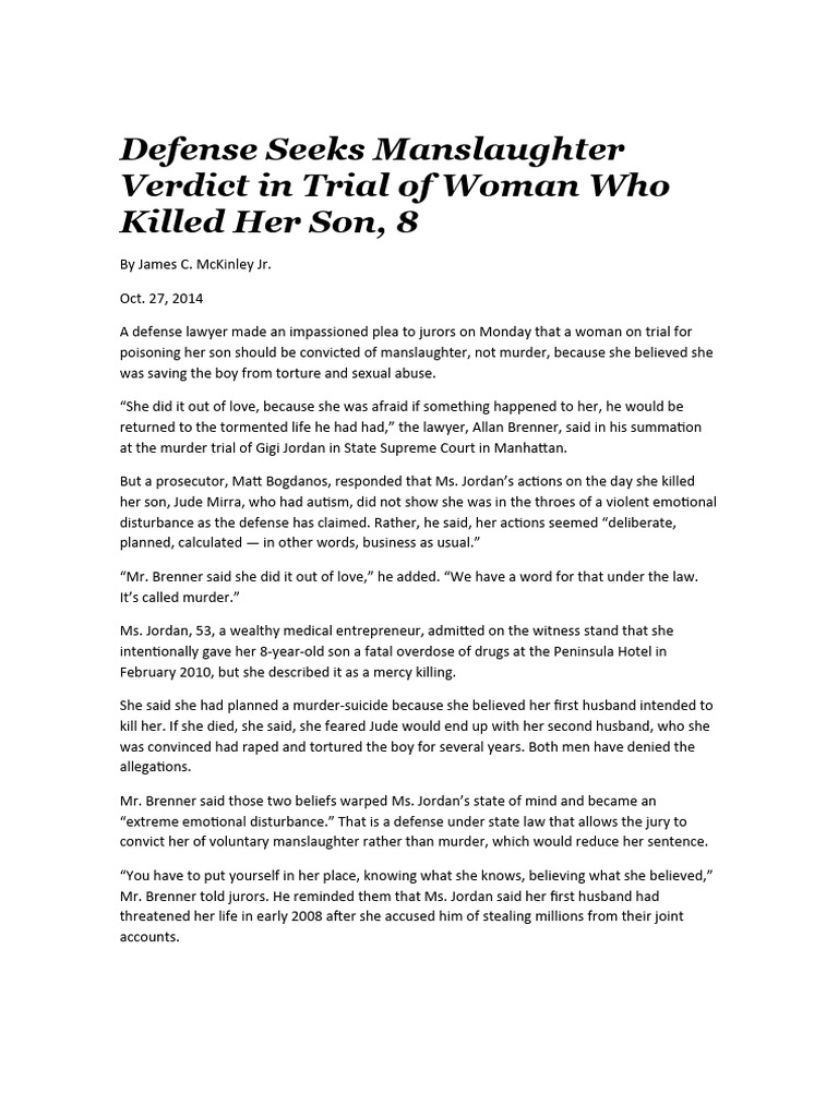 Defense Seeks Manslaughter Verdict in Trial of Woman Who Killed Her Son ...